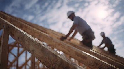 Workers installing roof trusses on a construction site