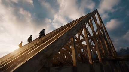 Fototapeta premium Workers installing roof trusses on a construction site