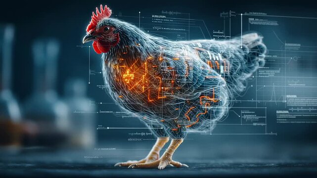 A chicken with transparent skin shows glowing digital circuits representing advanced bioengineering in poultry farming footage.