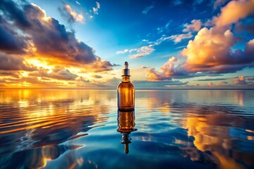 Amber Glass Dropper Bottle on Calm Ocean Water at Sunset, Serene and Luxurious Mood, Vibrant Colors.