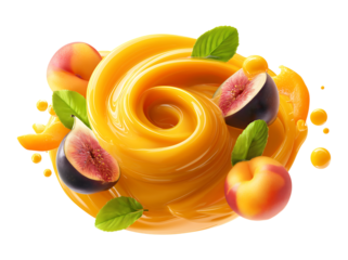 Fruit juice flying in the air, with mango and peach slices floating around it. swirling circular pattern of fruit juice, surrounded by figs and cherries isolated on a transparent background