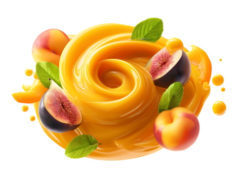 Fruit juice flying in the air, with mango and peach slices floating around it. swirling circular pattern of fruit juice, surrounded by figs and cherries isolated on a transparent background