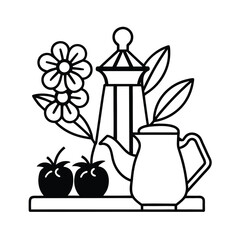 kitchen still life with flowers line art drawing on white background 