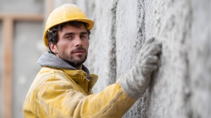 Worker installing exterior wall insulation