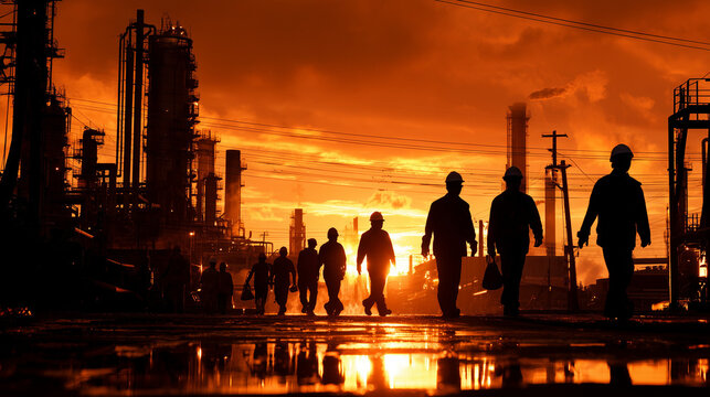 Labor Day, silhouette of factory workers walking at sunset with industrial background