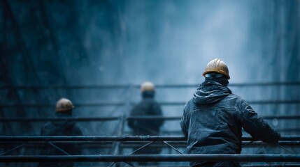 Scaffolding workers adjusting metal bars under moody high altitude lighting
