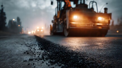 Asphalt paving hine operating at night on a construction site