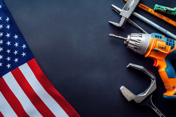 American flag with wrench and drill on matte black table Labor Day theme