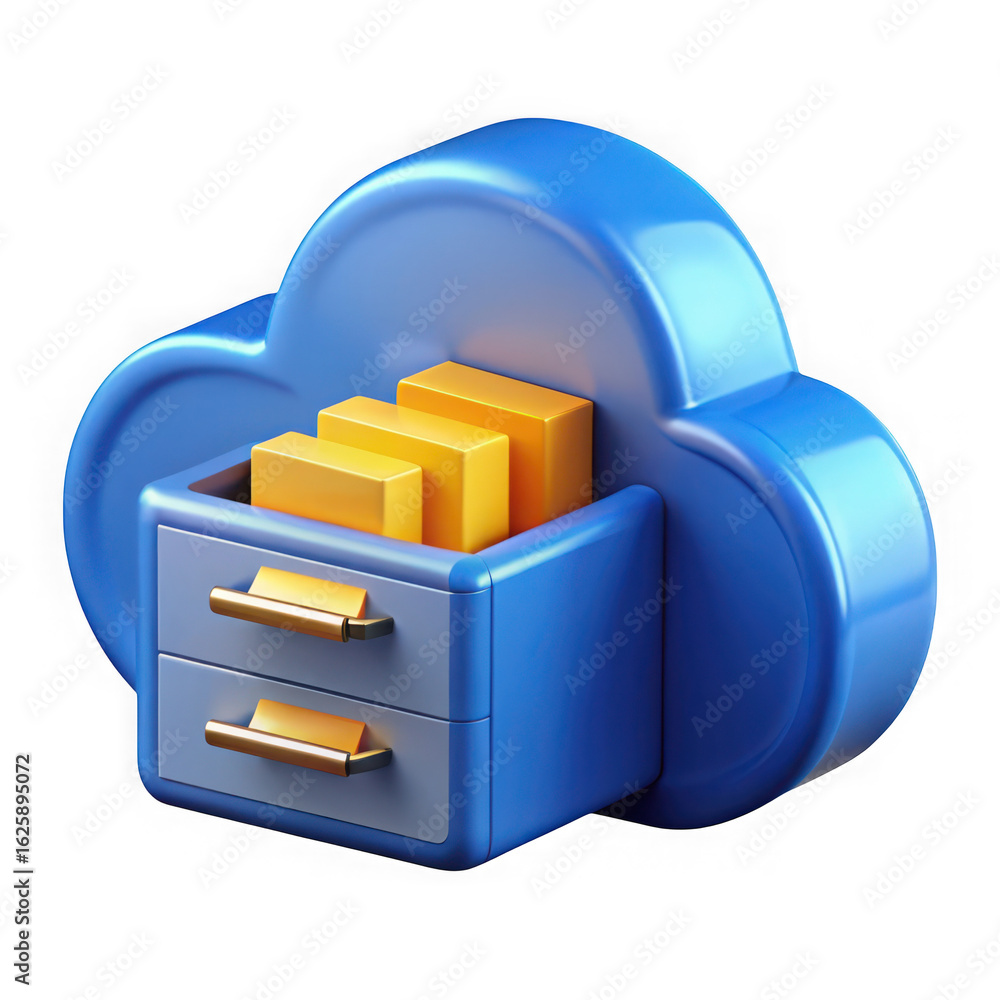 Poster blue cloud shaped storage cabinet with yellow files inside symbolizing cloud data storage and organi