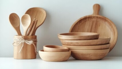 Elegant Bamboo Kitchenware: Embrace Sustainable Cooking and Dining for a Modern, Eco-Friendly Lifestyle. Showcase Natural Beauty and Simplicity in Your Culinary Designs