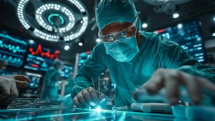 Male surgeon with protective mask and glasses performing delicate operation in modern operating room with bright lights and digital screens, medical footage. - Powered by Adobe