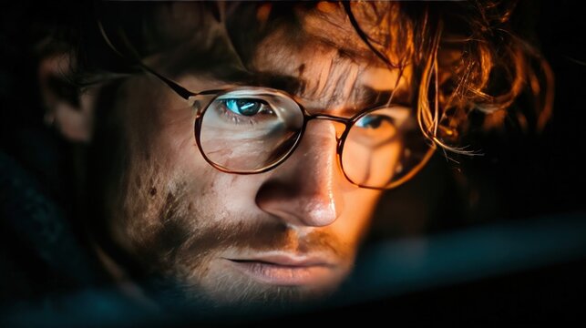 Close up portrait of young man wearing glasses concentrating on computer screen - Powered by Adobe