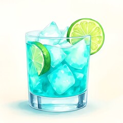 Watercolor Illustration Of A Refreshing Cocktail With Lime