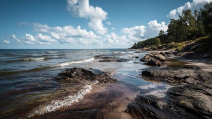 Coastal rocks and waves on sunny day