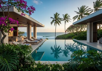 Serene beachfront villa with infinity pool reflecting palm trees under a sunset sky