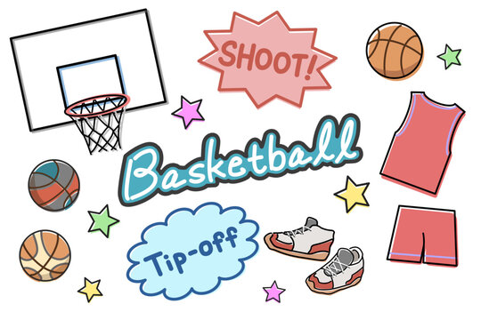 カラフルなバスケットボールの手書き風セットイラスト