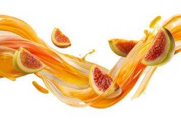 Fruit juice swirls around mango, peach, and fig slices floating in the air isolated on a transparent background