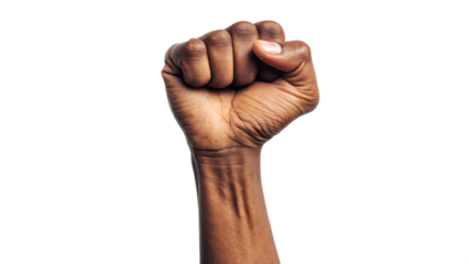 Close up of a raised fist isolated on transparent background, symbolizing power, strength and resistance