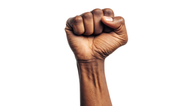 Close up of a raised fist isolated on transparent background, symbolizing power, strength and resistance - Powered by Adobe