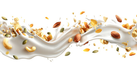 Delicious granola clusters with nuts and seeds in milk splash isolated on a transparent background