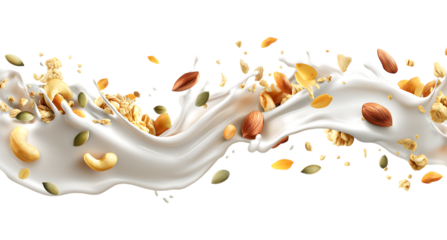 Delicious granola clusters with nuts and seeds in milk splash isolated on a transparent background