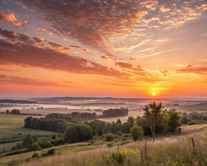 Obraz premium Illustration of beautiful sunrise over the field in the countryside in the morning