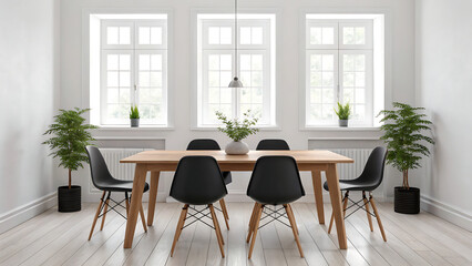 Fototapeta premium Modern dining room interior design with wooden table black chairs and plants near windows decor ideas