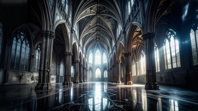 Awe-inspiring interior view of a grand Gothic cathedral with soaring arched ceilings, massive stone pillars, and light streaming through large stained-glass windows, reflected on the polished floor.