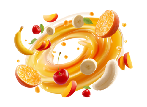 Swirling fruit with mango, peach, banana and fig slices flying around in a circle isolated on a transparent background