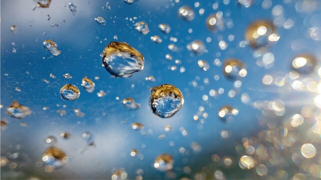Water Droplets: A captivating macro shot of water droplets, each a miniature lens reflecting the brilliant azure sky and sun, creating an enchanting play of light and color. - Powered by Adobe