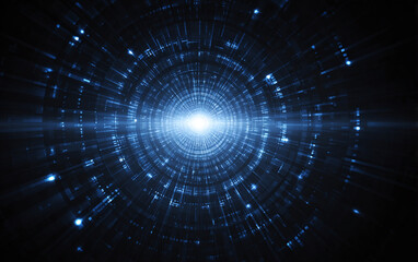 Obraz premium Blue light tunnel with radiating lines and glowing particles abstract digital