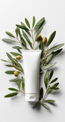 White tube cosmetic product surrounded by olive branches and olives