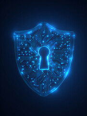 Abstract vector shield symbol with a keyhole and circuit board on a dark blue background, a concept of a security system or data protection technology, a cyber protection design element