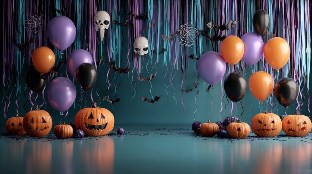 halloween party background, floating glossy balloons in orange, purple, and black, spooky jack-o'-lanterns on the floor, creepy skull masks hanging, twisted streamers and strings