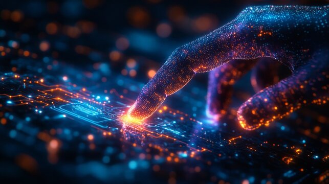 Futuristic digital hand composed of glowing particles reaching out and touching a virtual interface with bright circuits, artificial intelligence, advanced computing, and smart technology evolution.