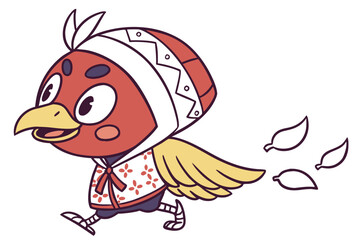 Cute cartoon tengu bird, Japanese myth creature, vector flat style, red face, child-friendly design