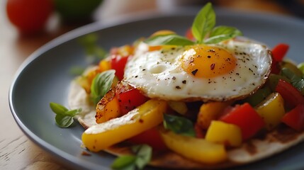 Vegetarian breakfast burrito with eggs and bell pepper