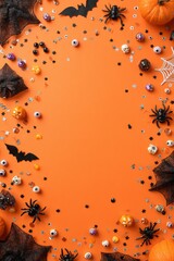 halloween party flat lay background with orange backdrop, scattered black bats, spiders, spider webs, candy eyeballs, skulls, confetti, pumpkin lanterns, festive decorations arranged around the border