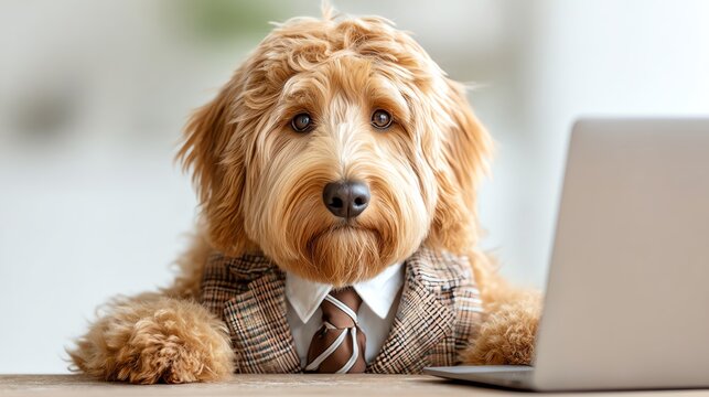 dog in business suit attending Zoom meeting, funny home office concept