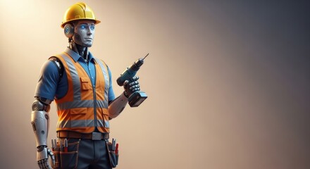 Builder robot in yellow hard hat holding a drill. AI on construction site for future building and engineering concept.