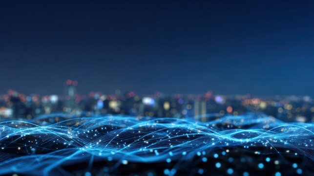 Digital Waves Over Cityscape: An artistic and vibrant display of digital wave patterns shimmering above a cityscape, representing the connected future.