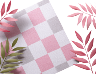 A light pink and gray checkerboard, overlaid with delicate pink and green leaves