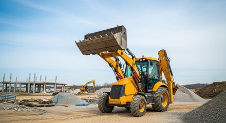 Yellow excavator digger on a construction site. New building under development. Heavy machinery for earthwork and ground.