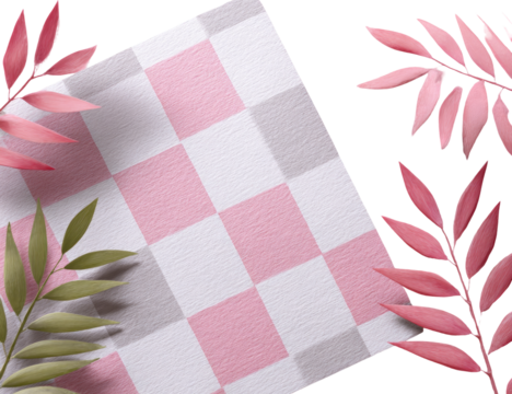 A light pink and gray checkerboard, overlaid with delicate pink and green leaves