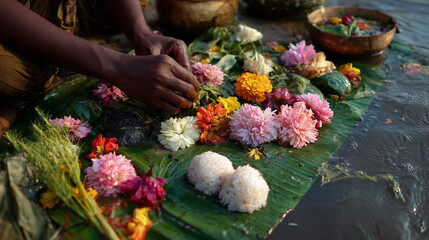 Mahalaya Amavasya, offerings of rice balls and flowers placed on banana leaf by riverside