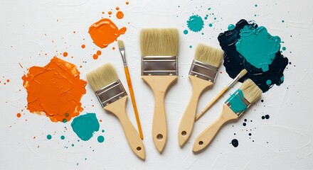 Various sizes of paintbrushes arranged with vibrant orange, turquoise, and blue paint splatters on white