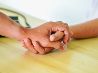 Close up holding hands health people. Person holding hand patient woman for concept healthcare,...