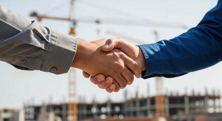 Two construction workers, men, shaking hands at a construction site. Business agreement and partnership concept for building projects.