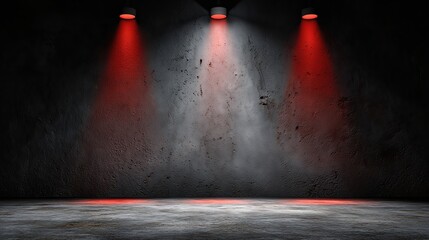 Red lighting casts bold highlights across a textured gray backdrop, setting a powerful tone on an otherwise empty performance stage.
