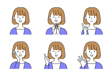 さまざまなジェスチャーでポジティブな感情を表現するセミロングの女性セットイラスト